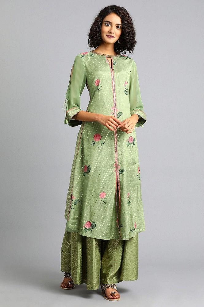 Green Round Neck Floral Print kurta - wforwoman