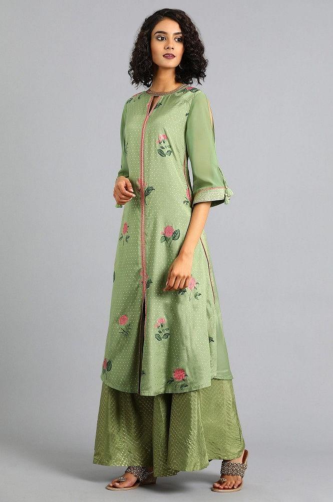 Green Round Neck Floral Print kurta - wforwoman