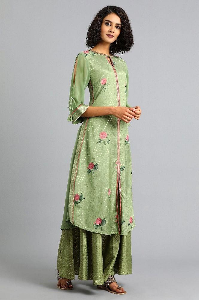 Green Round Neck Floral Print kurta - wforwoman