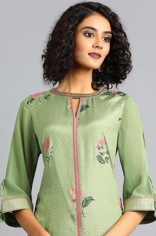 Green Round Neck Floral Print kurta - wforwoman