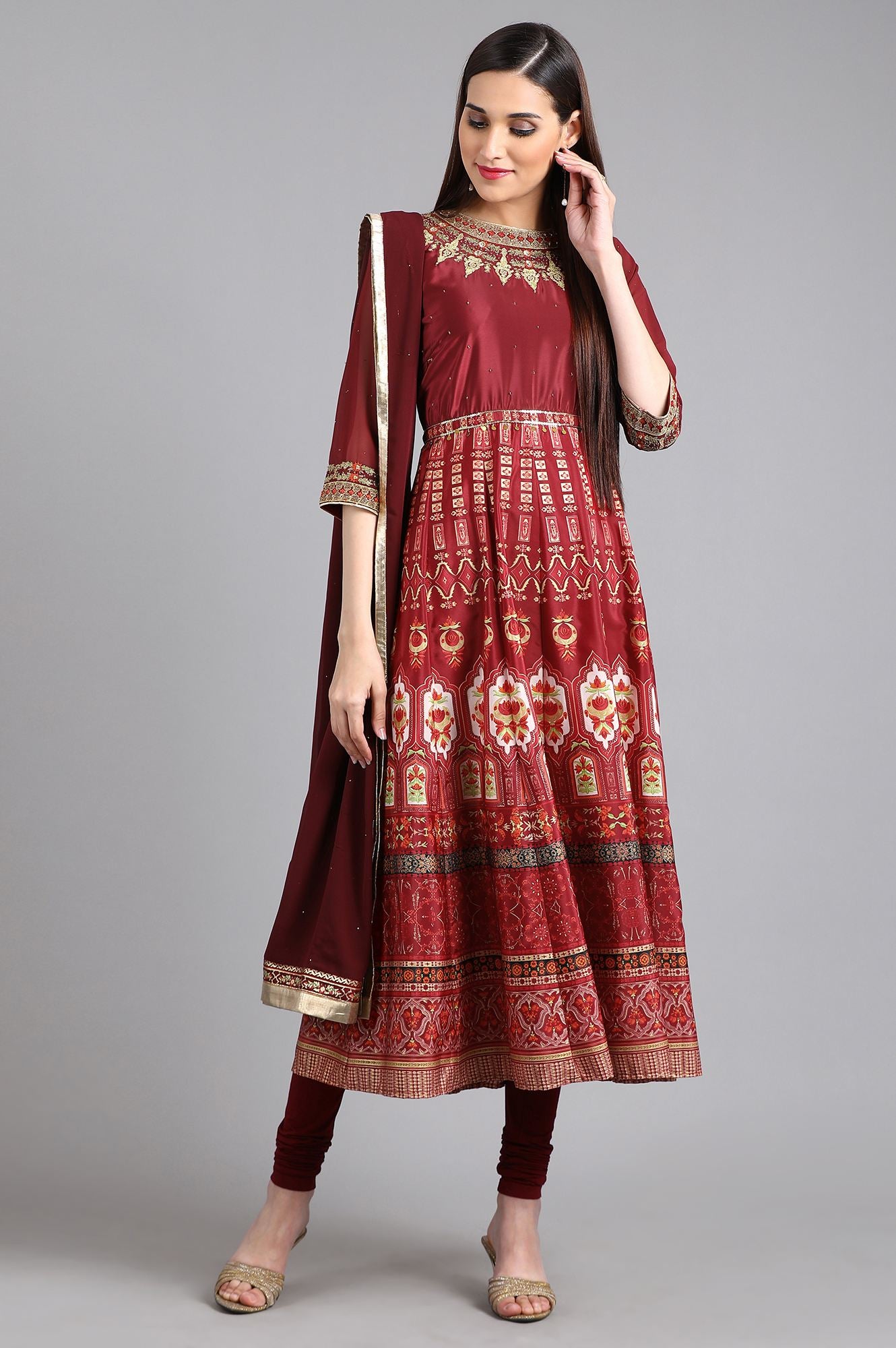 Red Round Neck Printed kurta