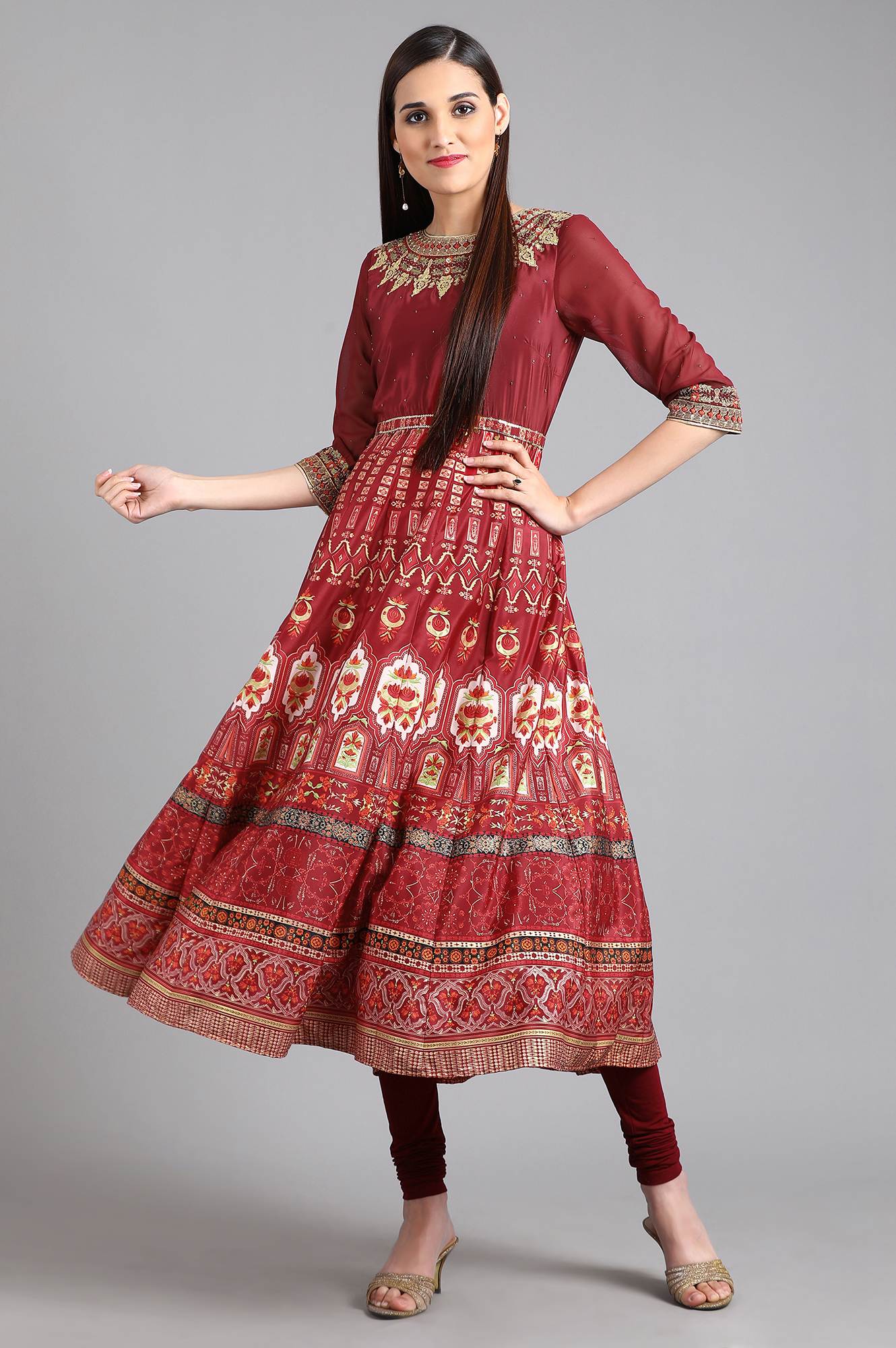 Red Round Neck Printed kurta