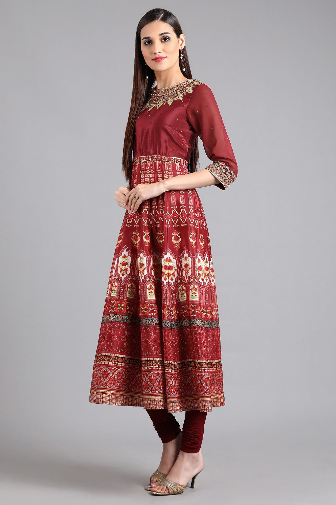 Red Round Neck Printed kurta