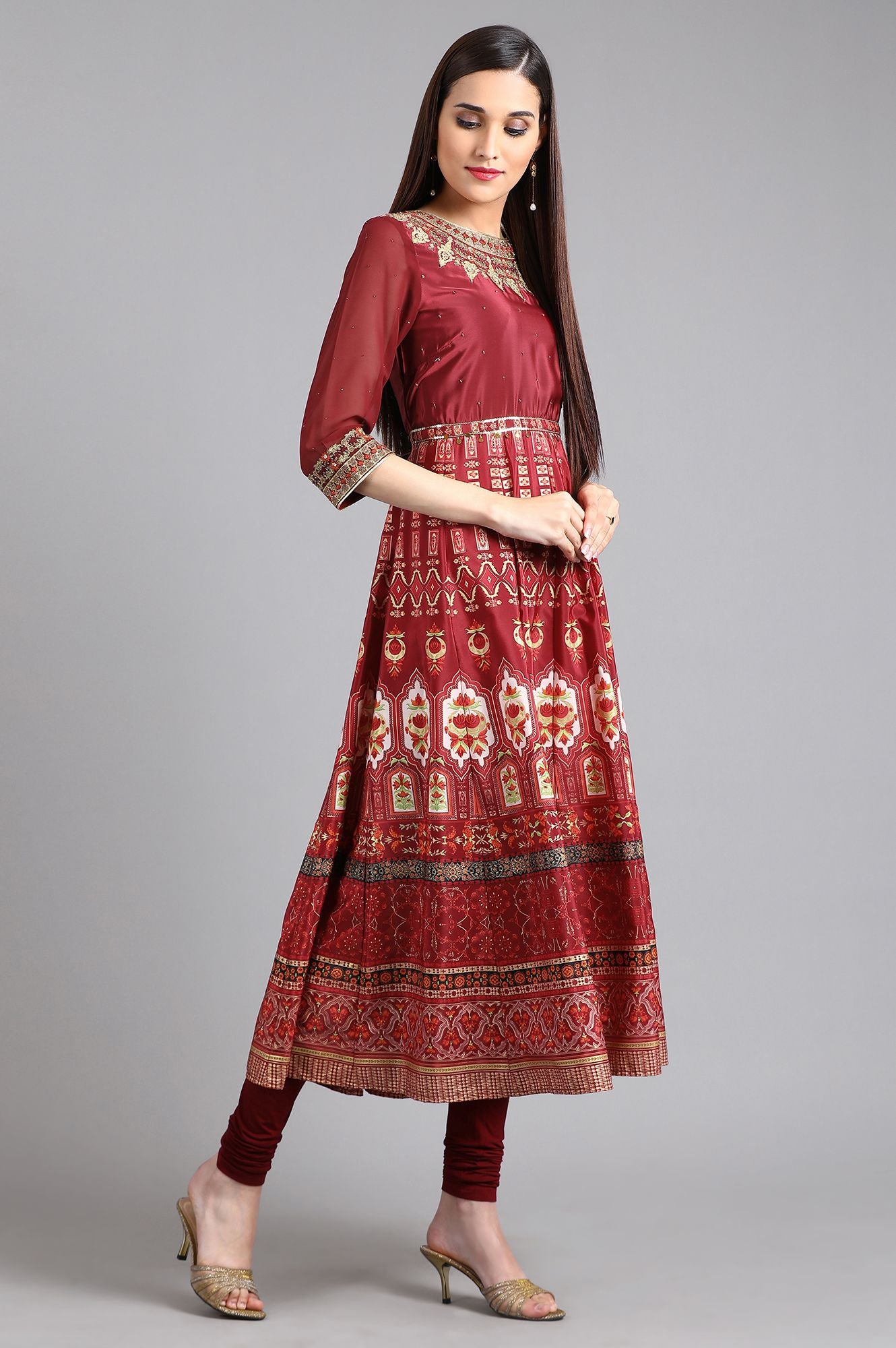 Red Round Neck Printed kurta