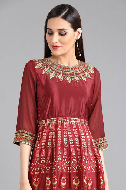 Red Round Neck Printed kurta