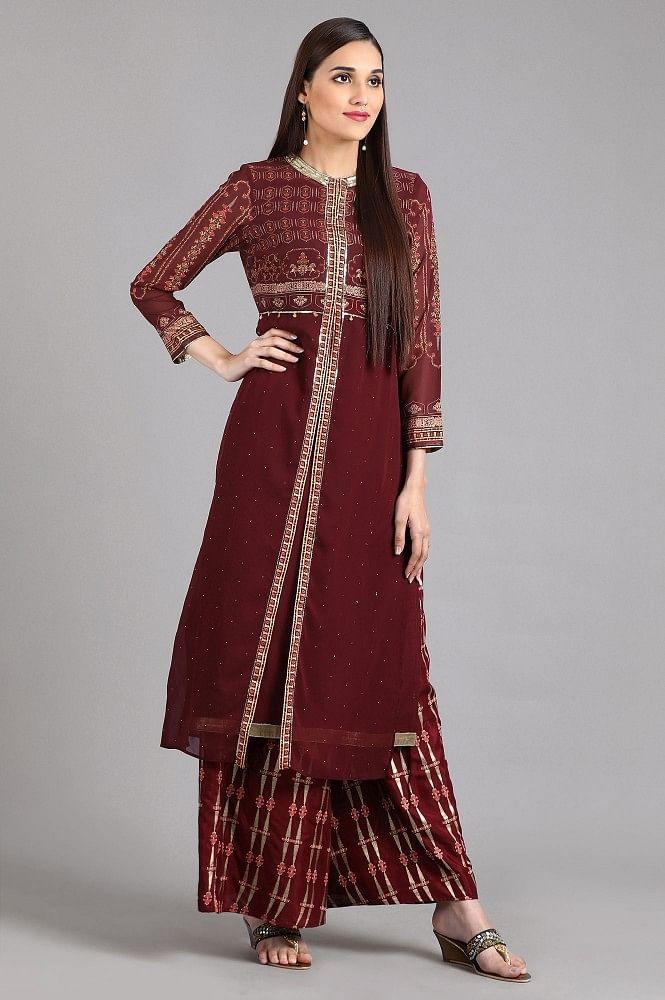 Wine Round Neck Printed kurta - wforwoman