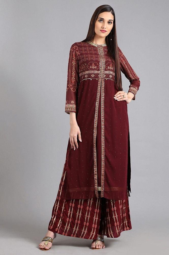 Wine Round Neck Printed kurta - wforwoman