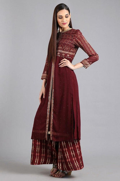 Wine Round Neck Printed kurta - wforwoman