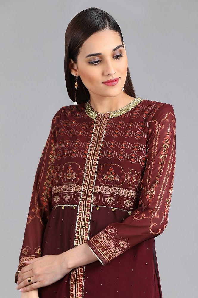 Wine Round Neck Printed kurta - wforwoman