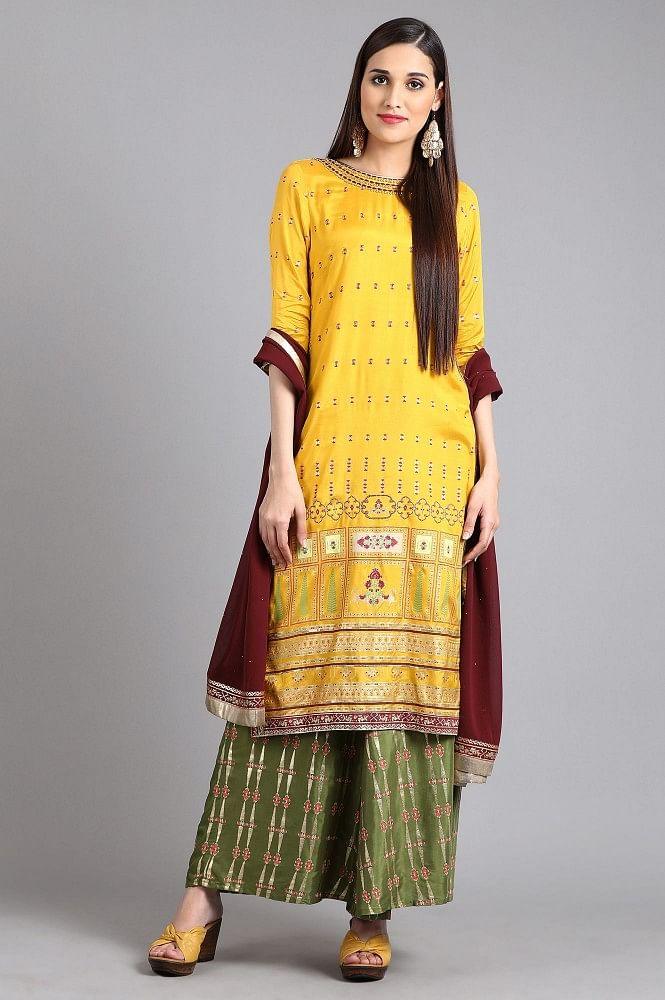 Yellow Round Neck Printed kurta - wforwoman