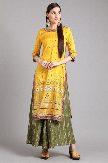 Yellow Round Neck Printed kurta - wforwoman