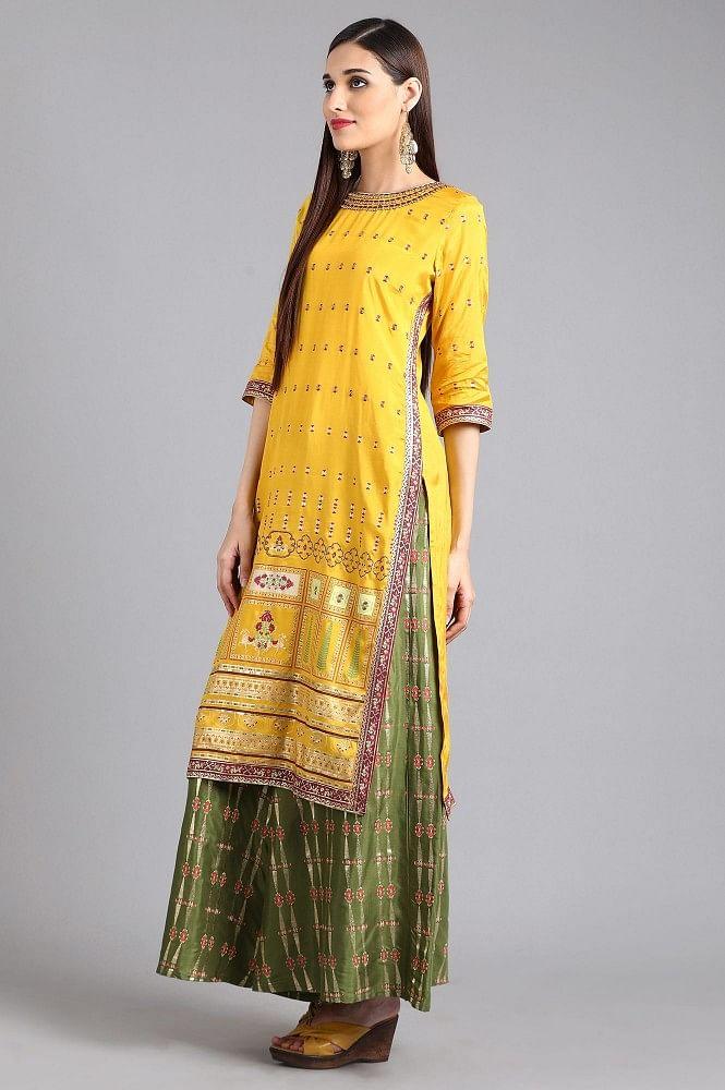 Yellow Round Neck Printed kurta - wforwoman