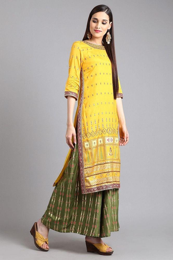 Yellow Round Neck Printed kurta - wforwoman