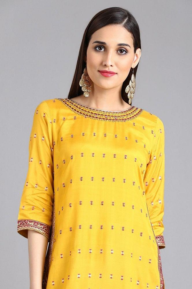 Yellow Round Neck Printed kurta - wforwoman