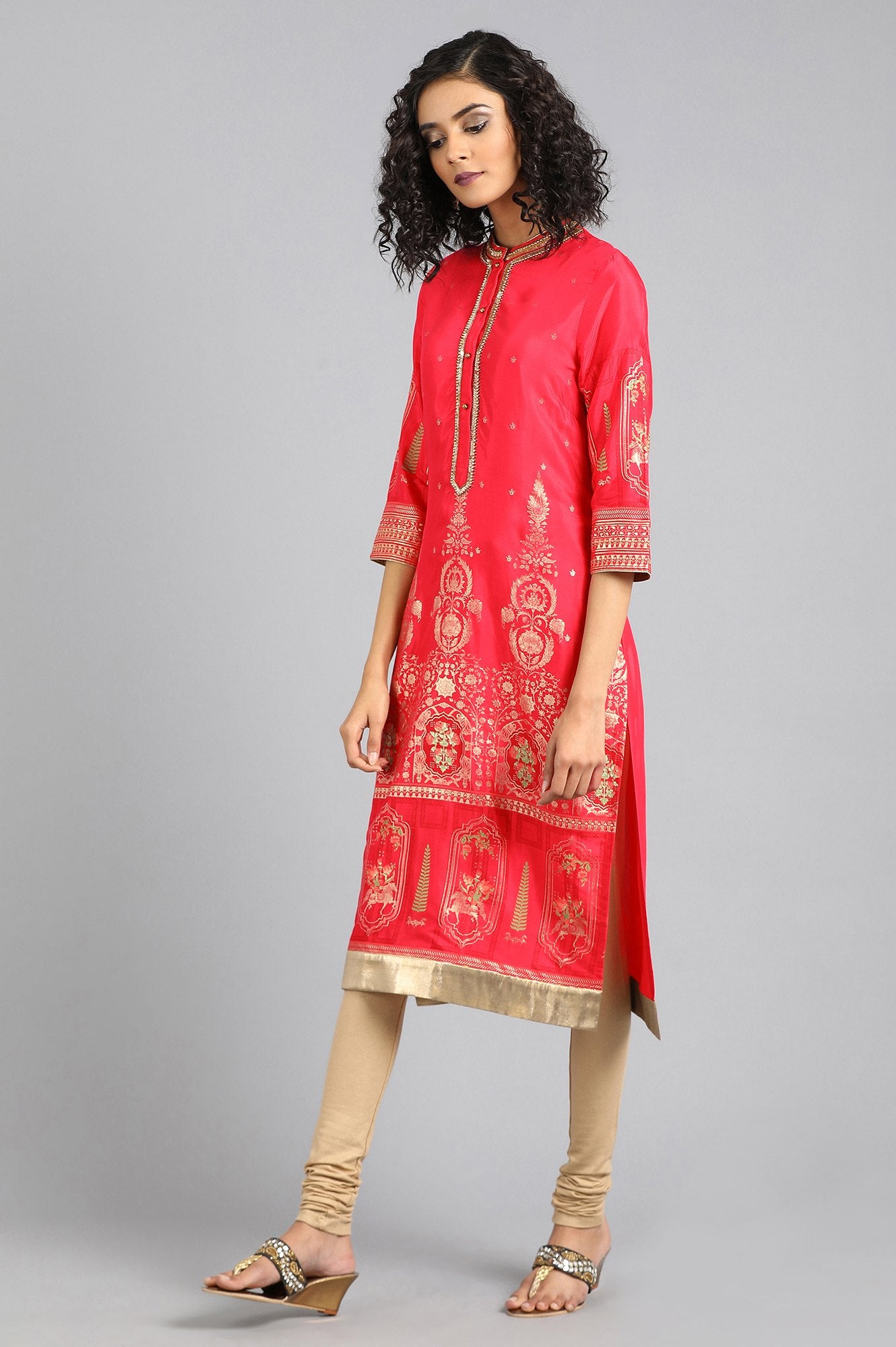 Pink Mandarin Neck Printed kurta