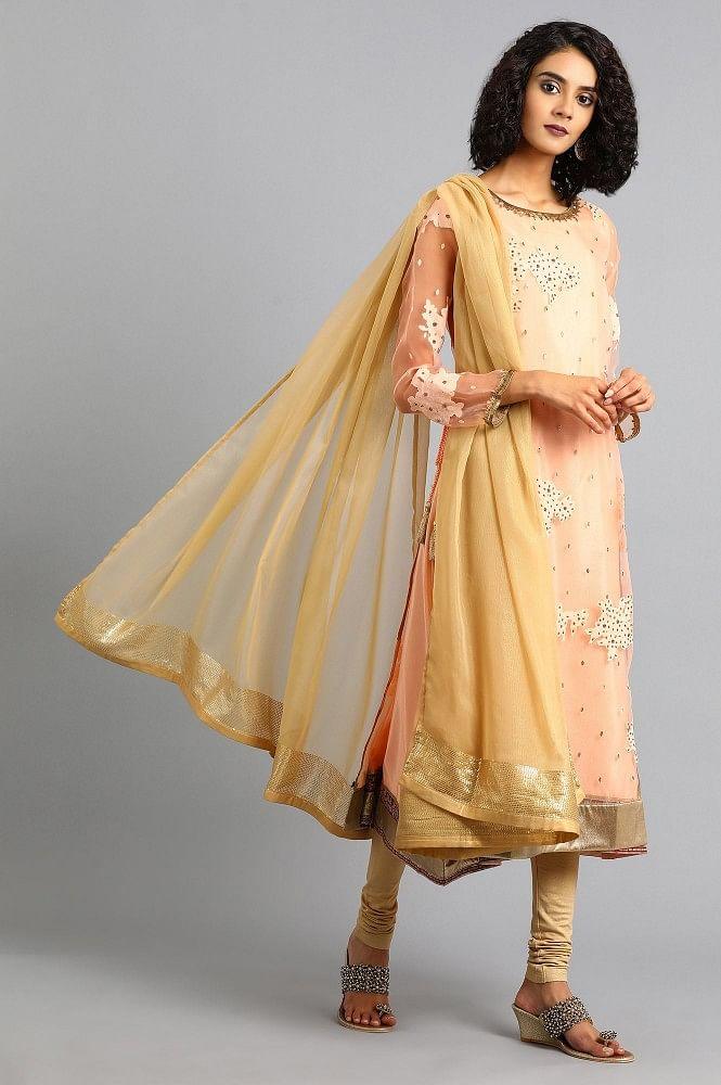 Peach Round Neck Printed kurta - wforwoman