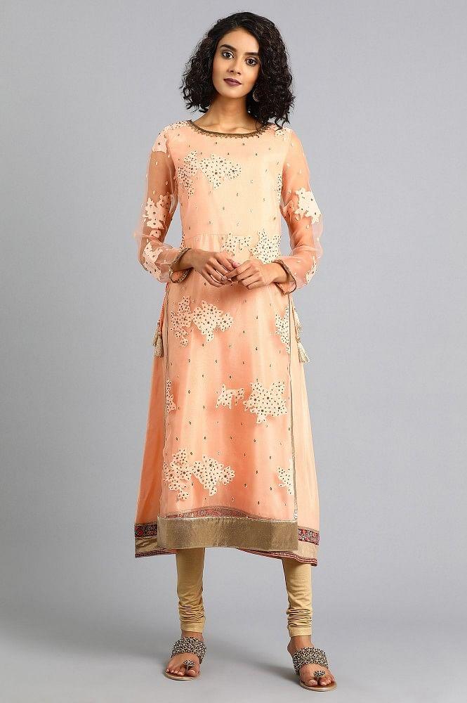 Peach Round Neck Printed kurta - wforwoman