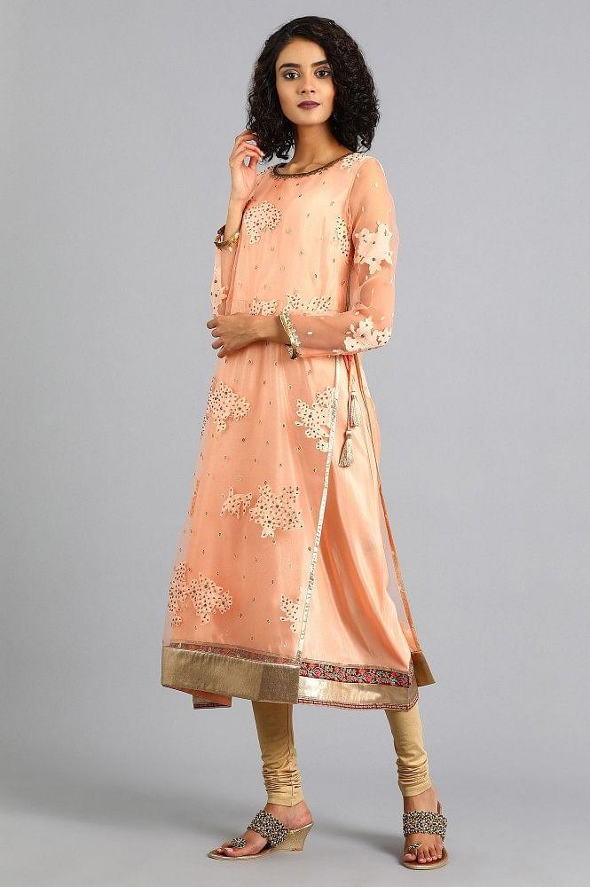 Peach Round Neck Printed kurta - wforwoman