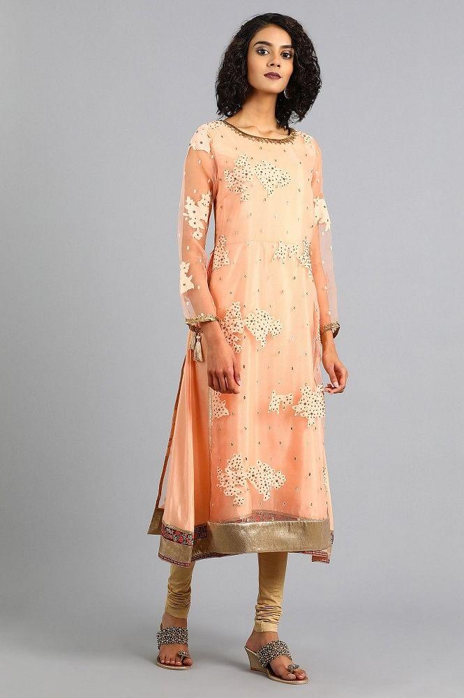 Peach Round Neck Printed kurta - wforwoman