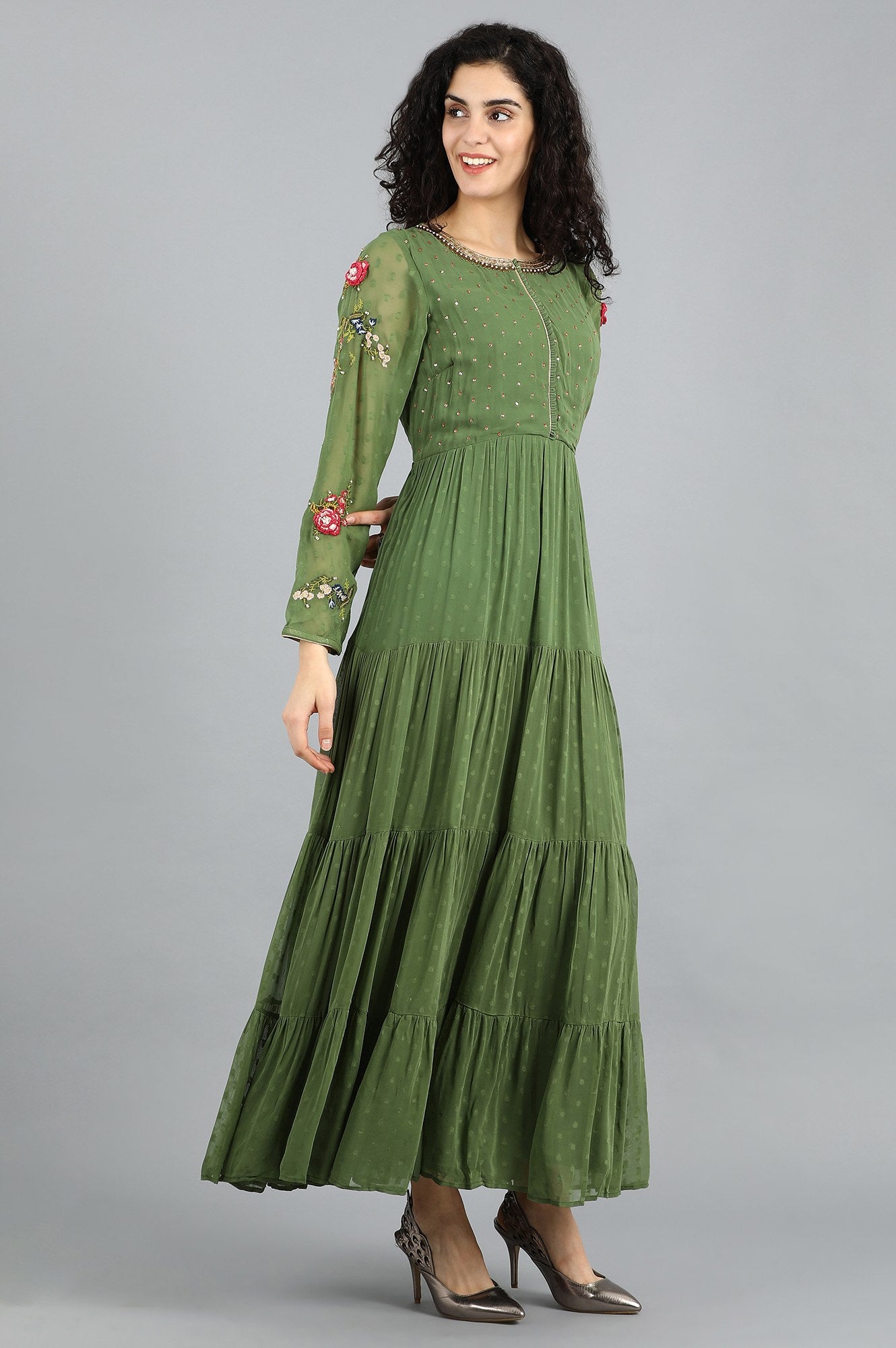 Green Round Neck Flared Dress