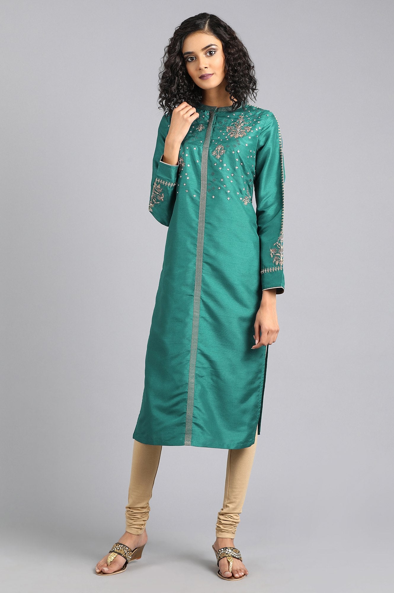 Teal Blue Mandarin Neck Embellished kurta