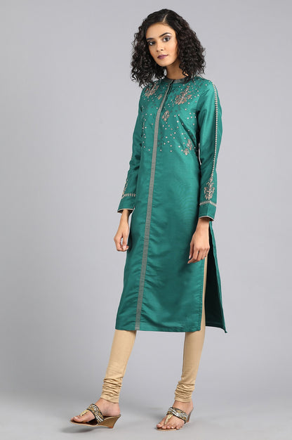 Teal Blue Mandarin Neck Embellished kurta