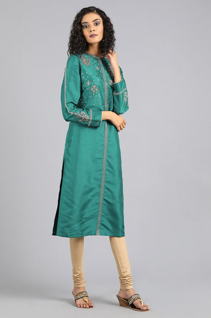 Teal Blue Mandarin Neck Embellished kurta