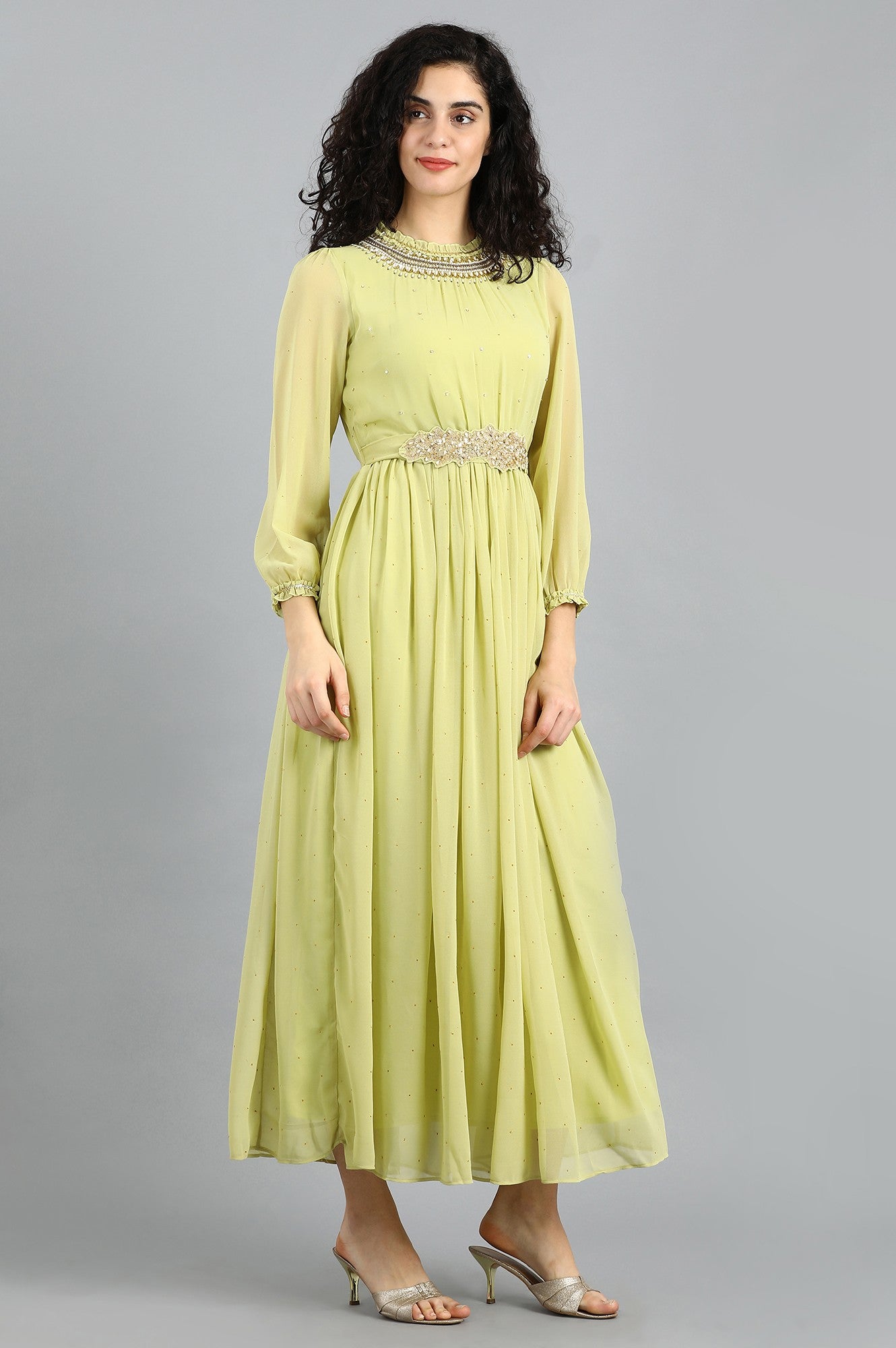 Green Round Neck Embellished Dress