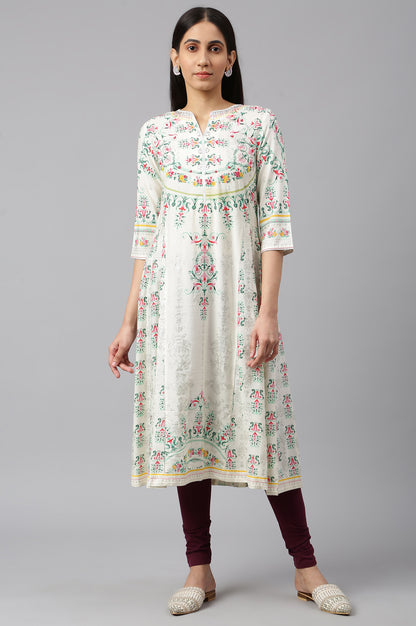 Ecru Floral Printed Flared kurta