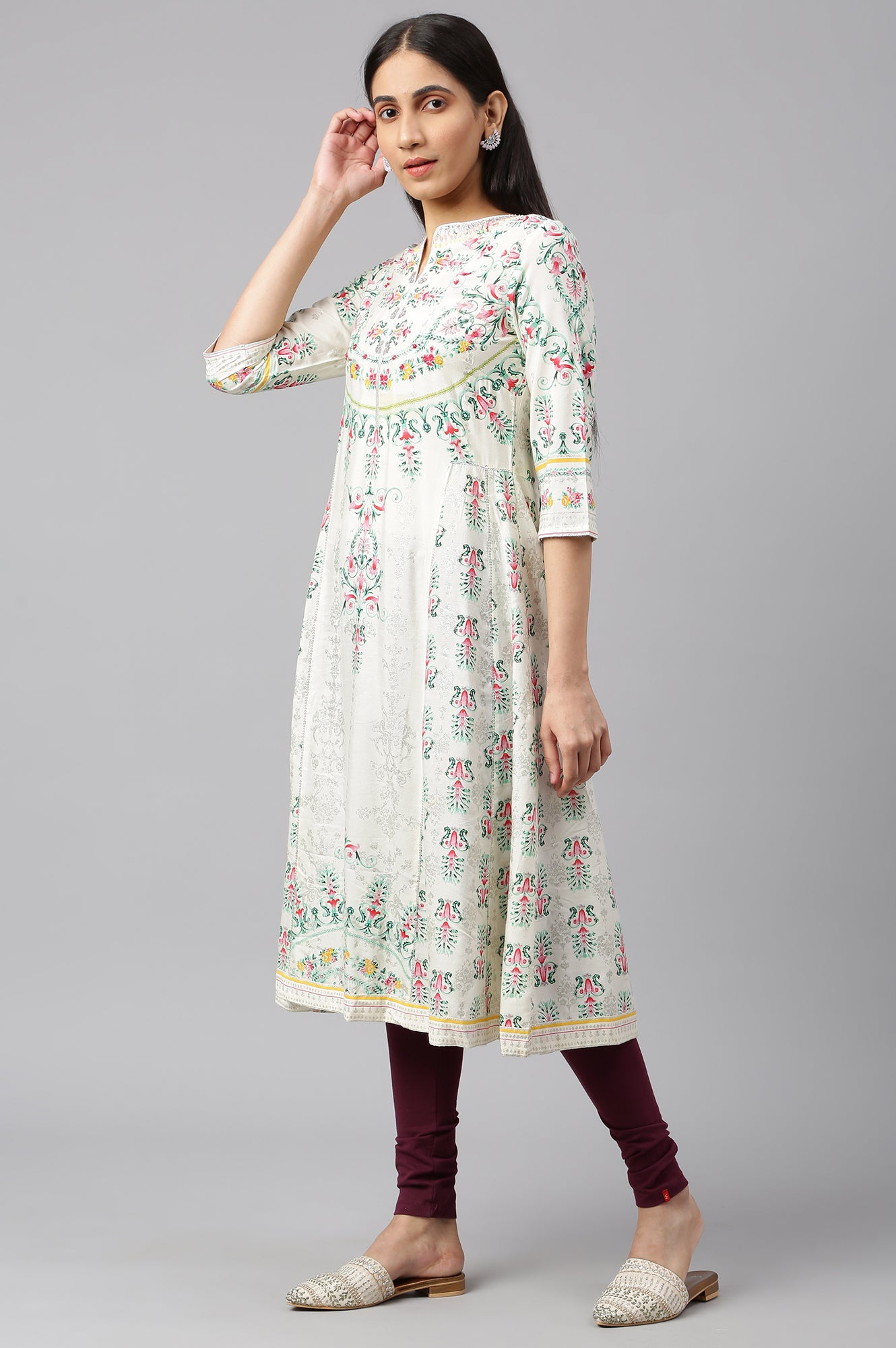 Ecru Floral Printed Flared kurta