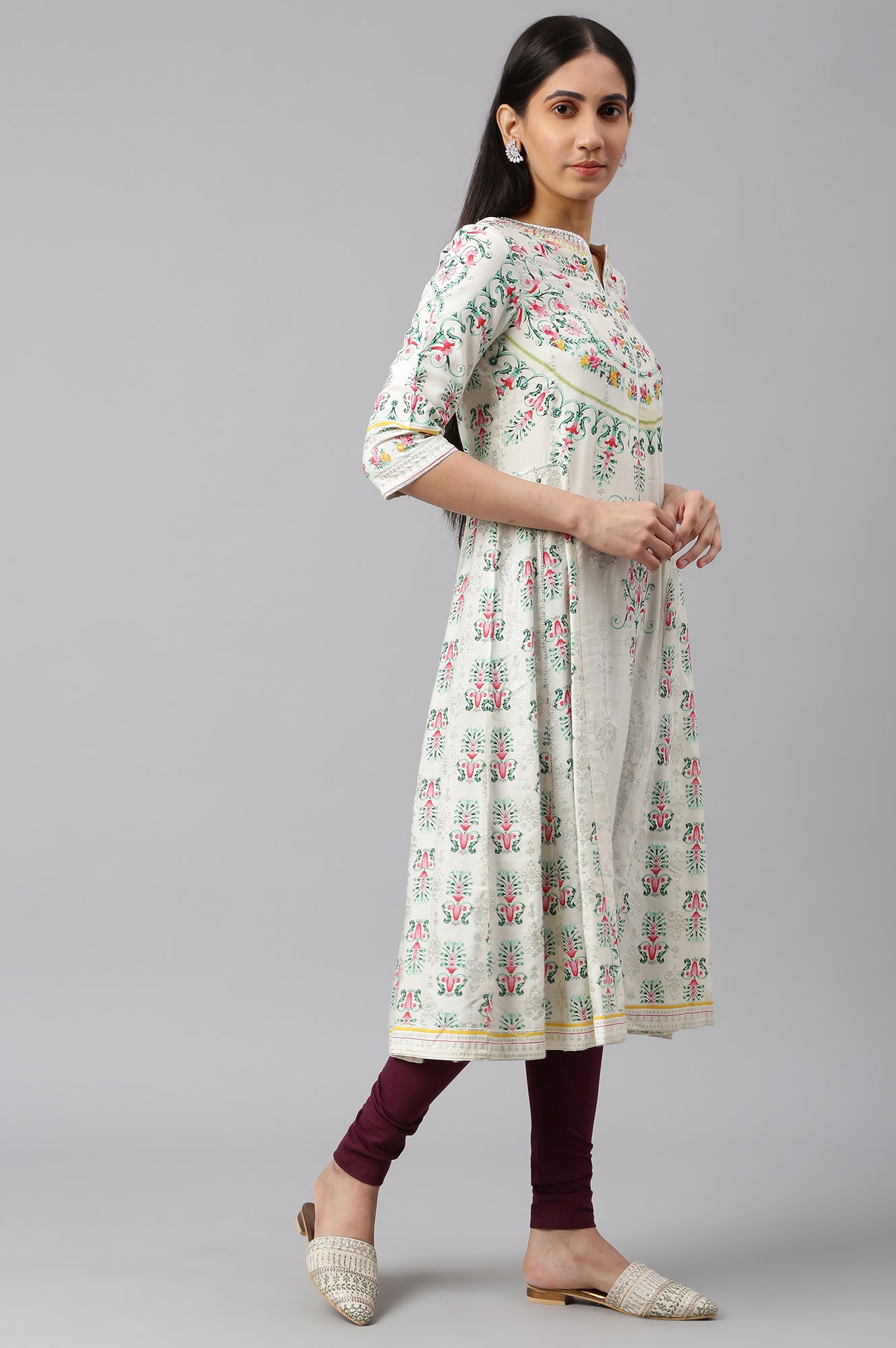 Ecru Floral Printed Flared kurta