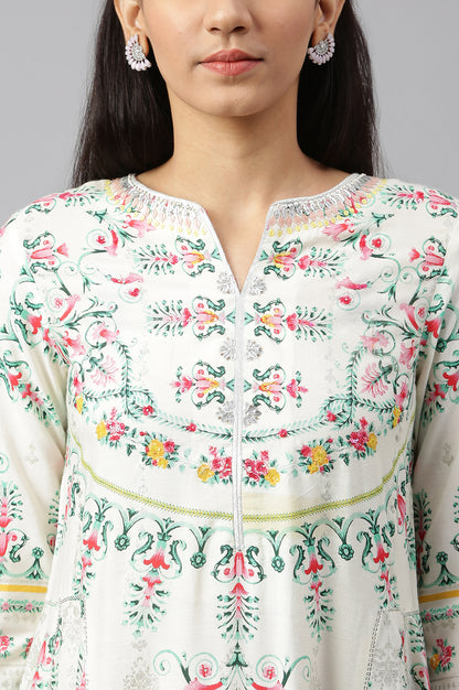 Ecru Floral Printed Flared kurta