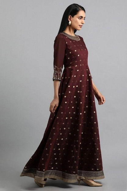 Maroon Round Neck Yarn-dyed Dress - wforwoman