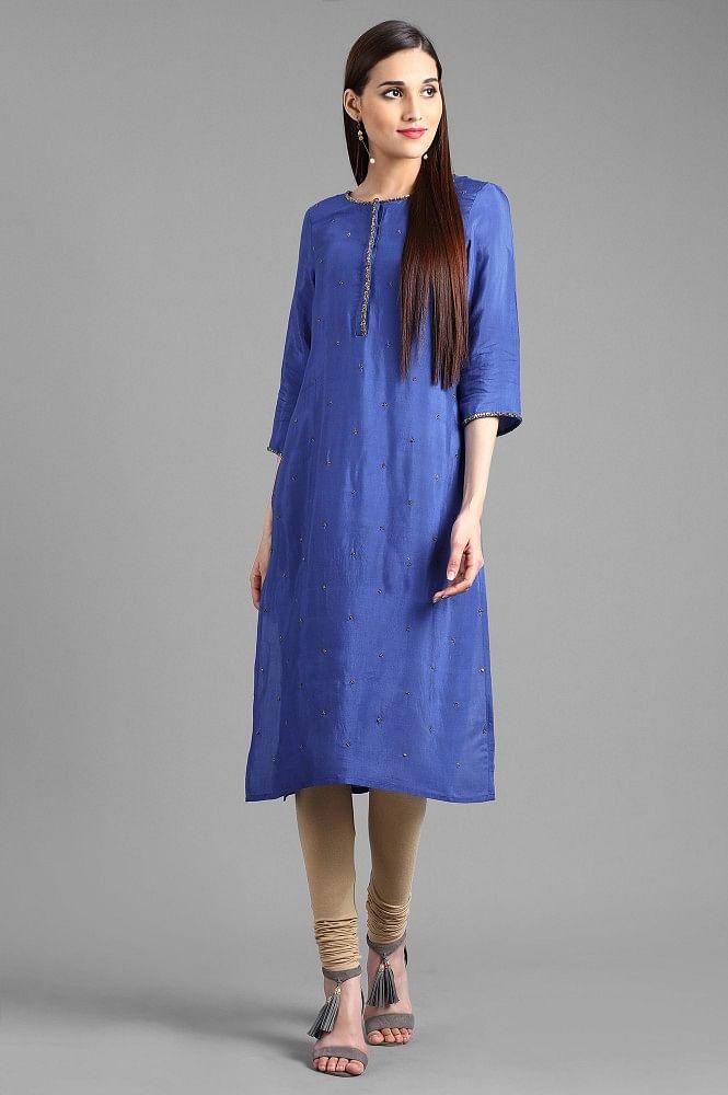 Blue Round Neck Solid kurta - wforwoman