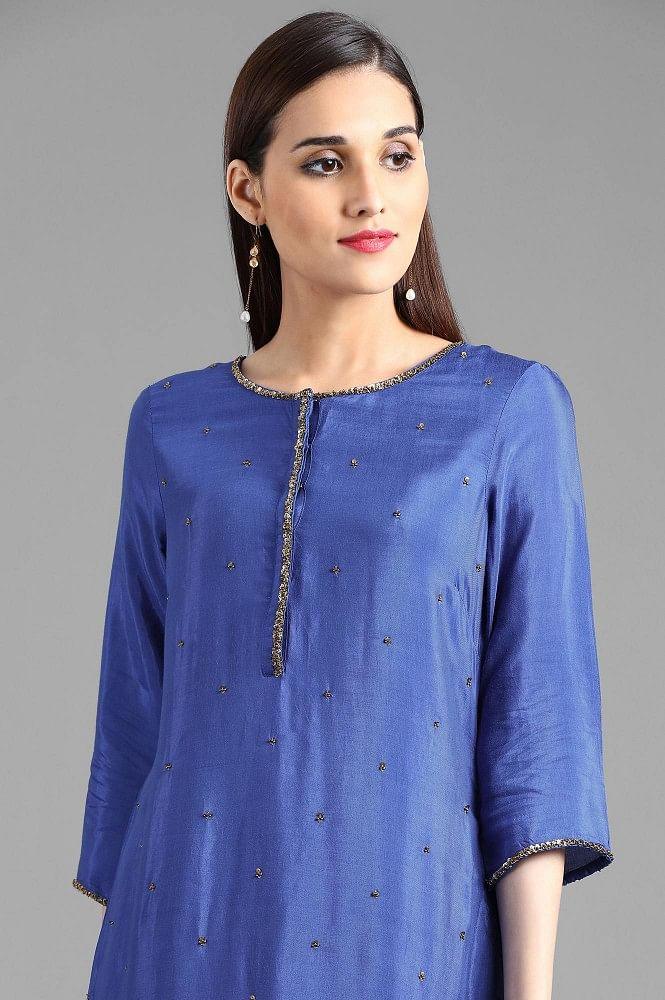 Blue Round Neck Solid kurta - wforwoman