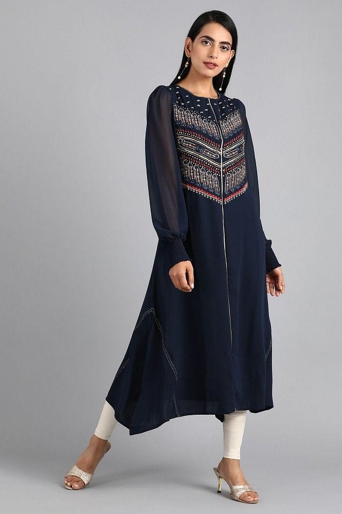 Blue Round Neck Embellished kurta - wforwoman