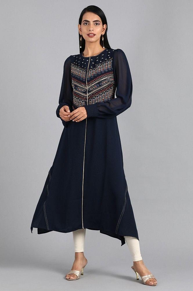 Blue Round Neck Embellished kurta - wforwoman