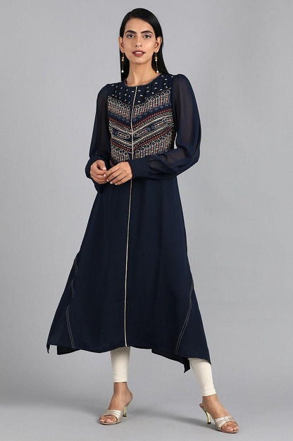 Blue Round Neck Embellished kurta - wforwoman