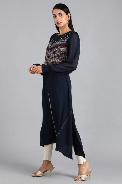 Blue Round Neck Embellished kurta - wforwoman