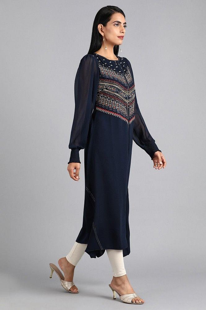 Blue Round Neck Embellished kurta - wforwoman