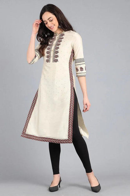 Ecru Mandarin Neck Solid kurta - wforwoman