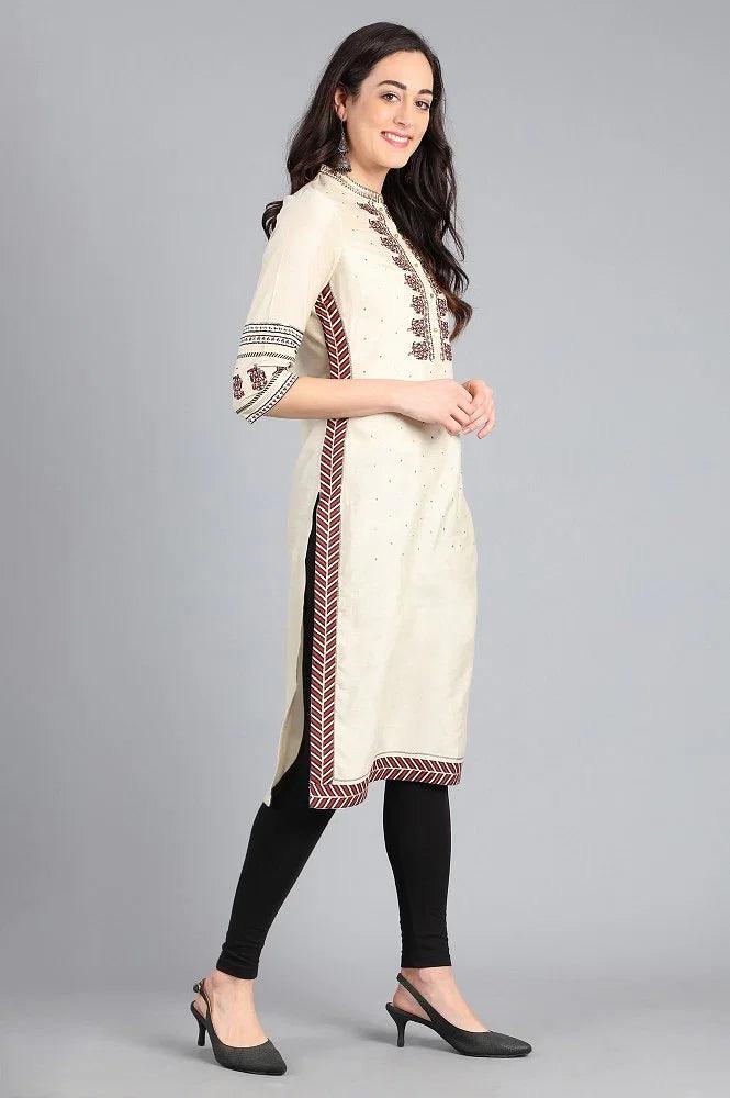 Ecru Mandarin Neck Solid kurta - wforwoman