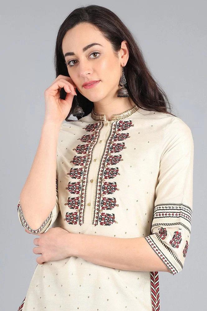 Ecru Mandarin Neck Solid kurta - wforwoman