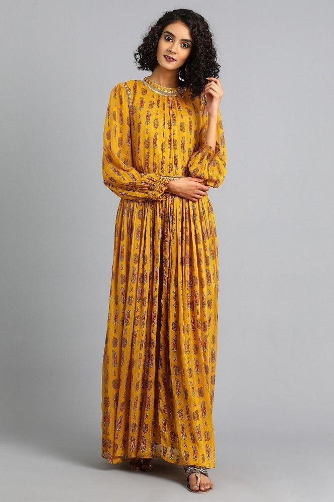 Yellow Mandarin Neck Printed kurta - wforwoman