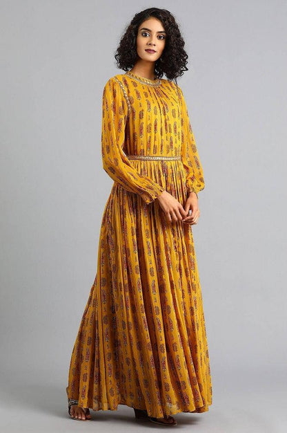 Yellow Mandarin Neck Printed kurta - wforwoman