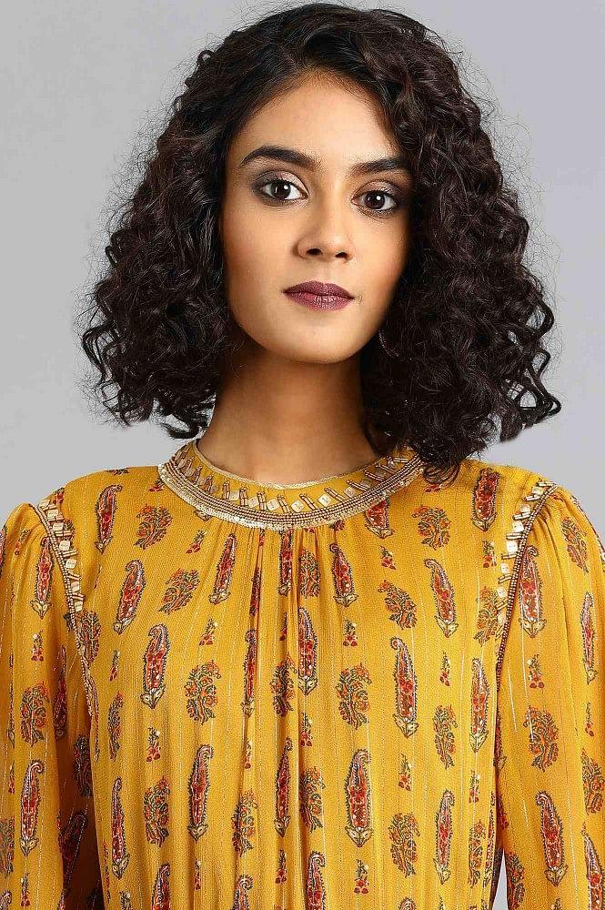 Yellow Mandarin Neck Printed kurta - wforwoman