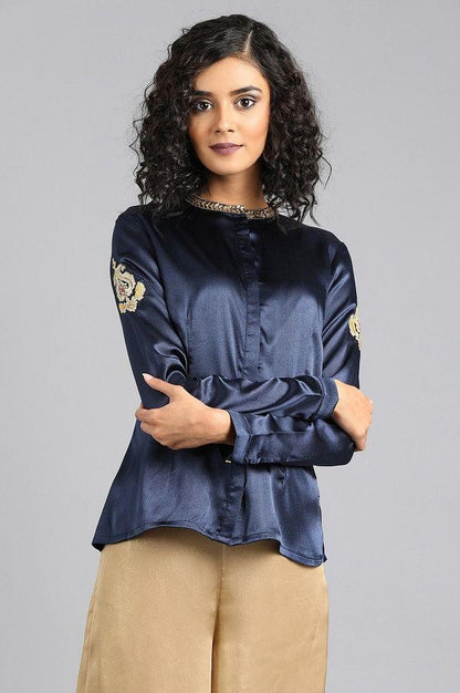 Navy Blue Mandarin Neck Top - wforwoman