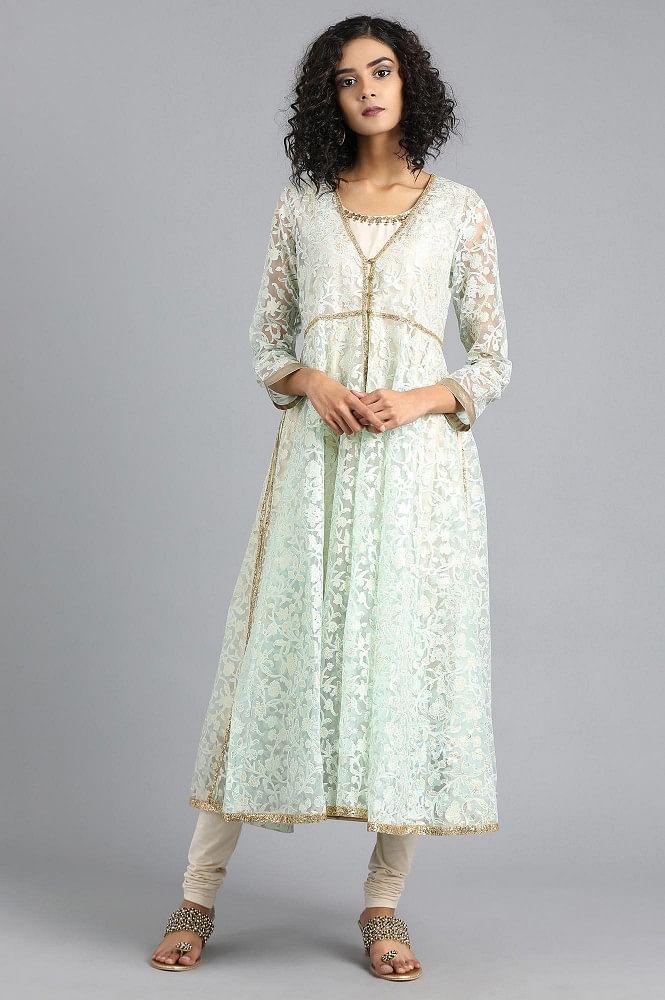 Light Green Round Neck Printed kurta Set - wforwoman