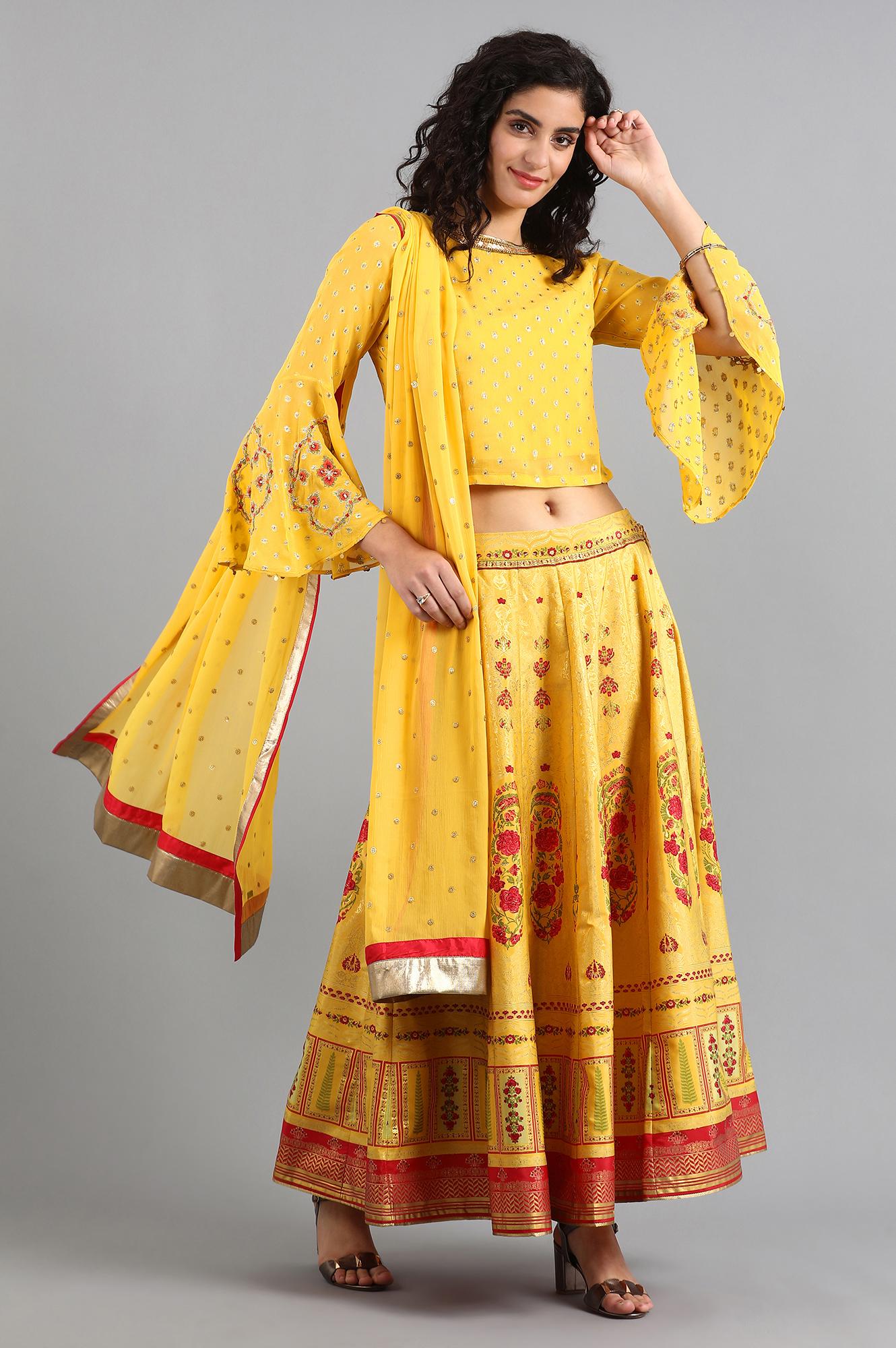 Yellow Round Neck Embellished Set