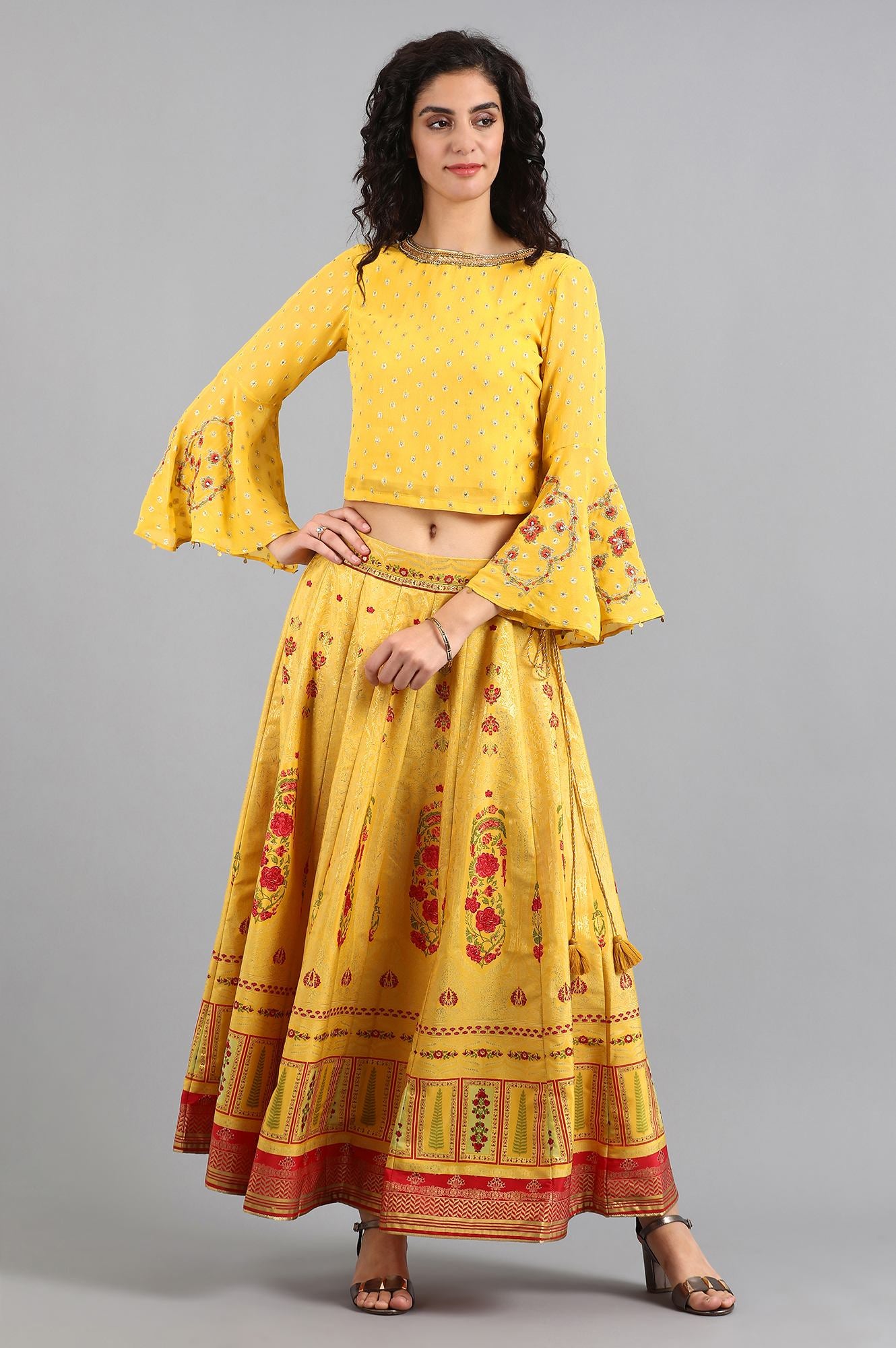 Yellow Round Neck Embellished Set